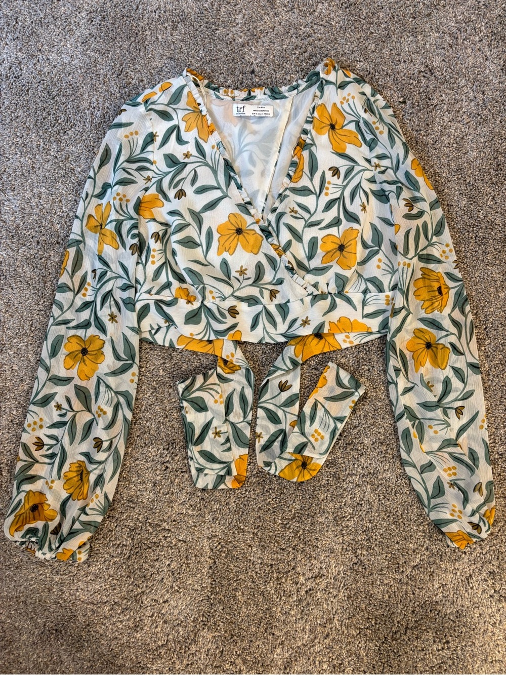 Zara TRF Collection Women’s Floral Tie Front V-Neck Long Sleeve Crop Blouse S
